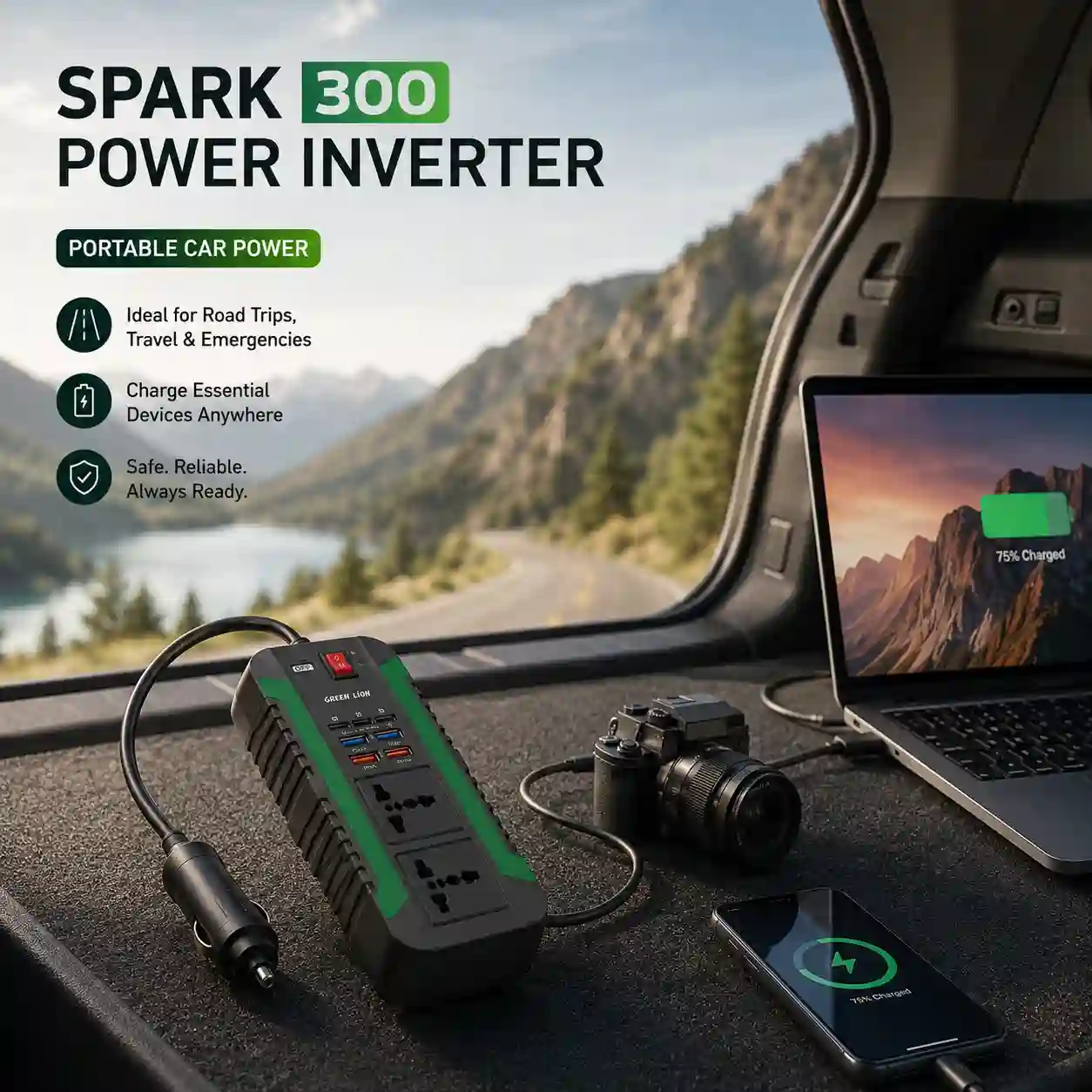 اینورتر فندکی خودرو 300 وات GREEN LION مدل SPARK 300